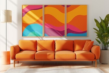 A warm and inviting living room featuring a comfortable couch and two decorative paintings on the wall