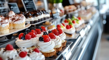 An enticing array of delicious pastries including cupcakes topped with fruits like raspberries and blueberries, beautifully arranged for display in a bakery setting.
