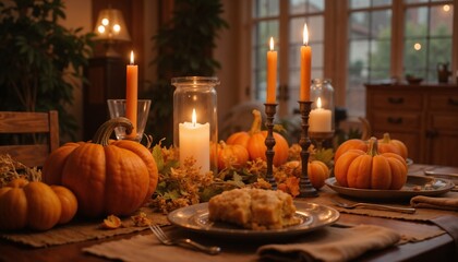 Cozy dining table setting with pumpkin pie, candles, and festive decor