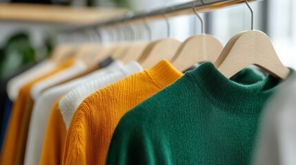 Obraz premium A vibrant collection of colorful sweaters showcased neatly on wooden hangers, embodying fashion diversity and modern clothing styles in a neatly arranged setting.
