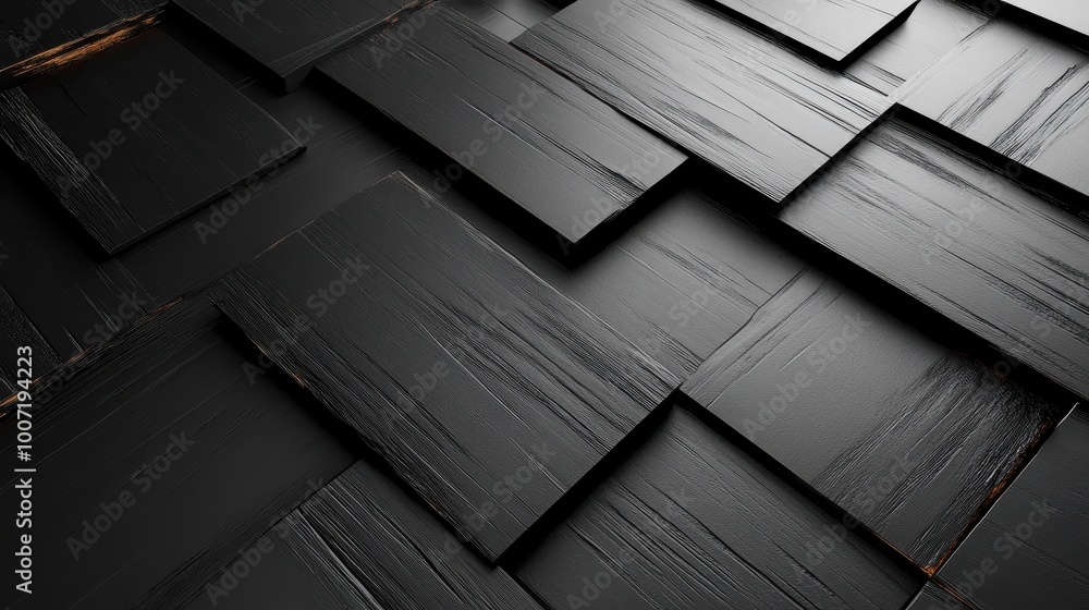 Poster a close-up view of black tiles arranged in a staggered pattern, showcasing the texture and grain of 