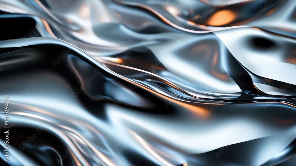 Poster undulating waves of a metallic surface create an interaction of light and shadow, offering a contemp