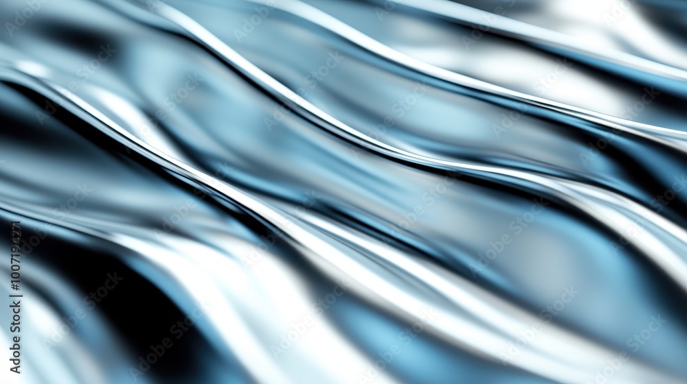 Poster this abstract image showcases flowing blue waves with a reflective, metallic texture, creating a dyn