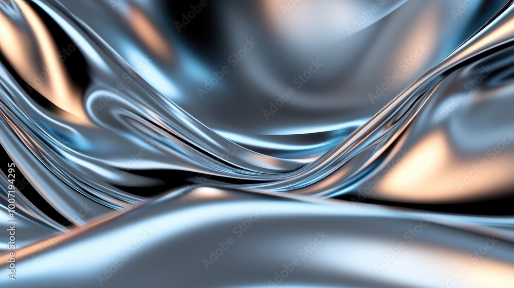 Poster a stunning abstract of fluid-like metallic waves with delicate reflections and highlights, capturing