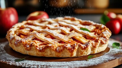 A whole classic apple pie topped with a perfectly woven lattice crust, artistically dusted with powdered sugar, reveals a delightful homemade dessert setting.