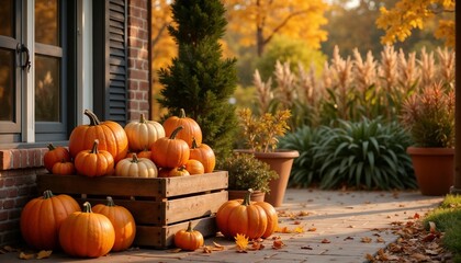 Autumn porch with pumpkins, mums, and warm golden light