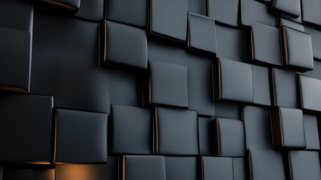 A textured wall featuring overlapping dark squares, creating a modern geometric pattern with a subtle light interplay in a sleek design.
