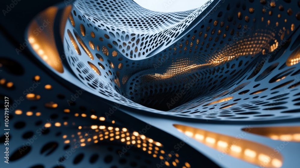 Poster abstract 3d rendering of a dark blue curved surface with holes and glowing lights.