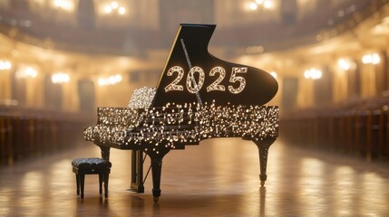 Illuminated Grand Piano with 2025 Lights in Majestic Concert Hall: Capturing the Essence of Musical New Year Celebrations