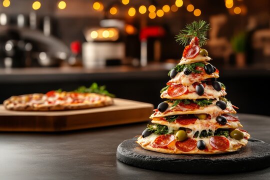 Festive Pizza Christmas Tree with Toppings in Cozy Kitchen Setting - Perfect for Holiday Celebrations and Seasonal Stock Photography, New year banner with copy space