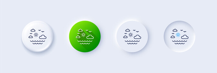 Travel sea line icon. Neumorphic, Green gradient, 3d pin buttons. Sun, clouds and waves sign. Summer holidays symbol. Line icons. Neumorphic buttons with outline signs. Vector