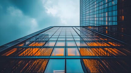 A modern glass skyscraper towering over the city, reflecting the sky and surrounding buildings, symbolizing sleek architecture and urban development