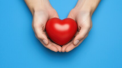 Fototapeta premium Two hands hold a red heart against a blue background, symbolizing love, care, and compassion.