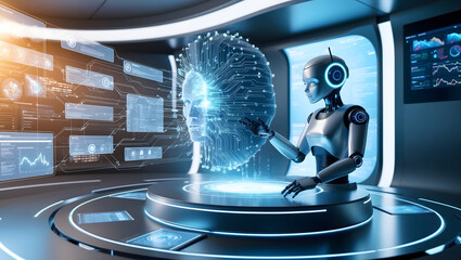 Futuristic AI in Action: A Robot Analyzing a Digital Human Interface in a High-Tech Environment