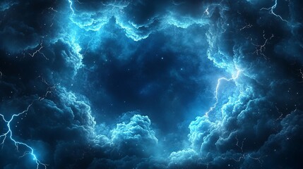 A vector frame design featuring a stormy blue sky enhanced with smoke and fog effects, highlighted by the brilliance of branched lightning. This design creates a spectacular background image.