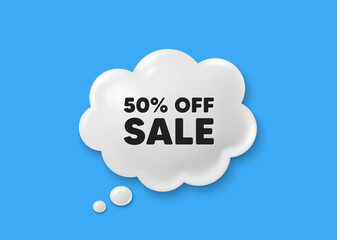 Sale 50 percent off discount. Comic speech bubble 3d icon. Promotion price offer sign. Retail badge symbol. Sale chat offer. Speech bubble comic banner. Discount balloon. Vector