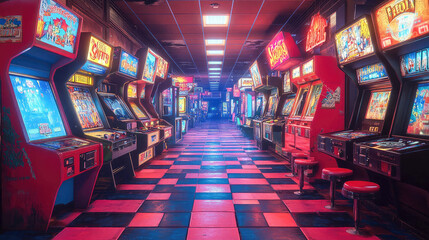 A vibrant interior of a retro arcade filled with classic 80s video game machines. Neon lights reflect off the tiled floor, creating a nostalgic gaming atmosphere