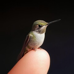Obraz premium A close-up of a tiny hummingbird perched delicately on a finger. The image captures the grace and beauty of nature. Ideal for wildlife enthusiasts and nature lovers. AI