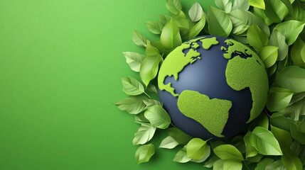 Green Globe With Leaves On Green Background.