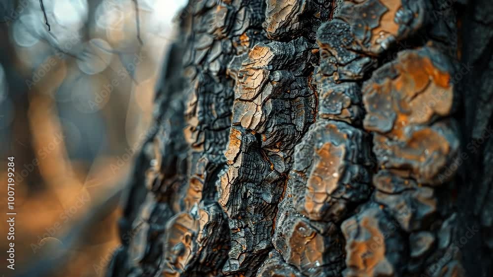 Poster a close-up view of a charred tree trunk, showing the intricate patterns of the burned bark
