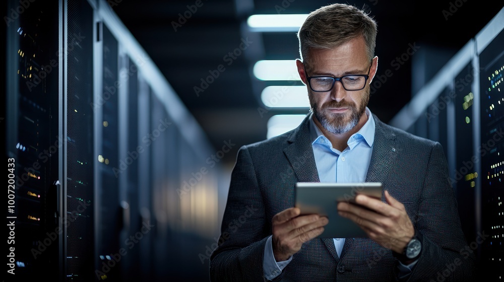 Poster professional man using tablet in server room, focused on technology and data management.