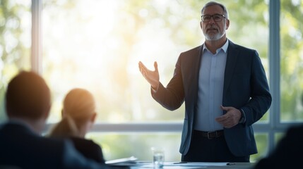 Professional speaker engaging with an audience in a bright conference room.
