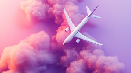 White airplane flying high above pink clouds with a purple sky background.