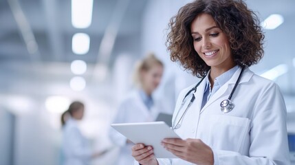 Smiling doctor using tablet in a modern hospital environment, healthcare professional engaged with technology.
