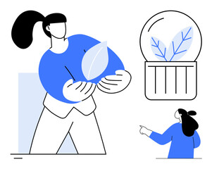 A woman holding a large leaf with a globe featuring leaves. A smaller woman points at the globe. Ideal for sustainability, eco-friendly practices, environmental awareness, nature conservation, green