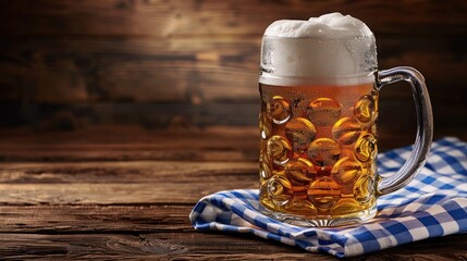 A mug of beer sits on a table with a blue and white checkered cloth underneath it. Octoberfest celebration, tradition, beer, festival, culture, joy, Germany, gathering, music, heritage, food concept