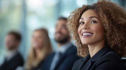 Smiling woman in a suit during a presentation, engaged audience with blurred background.