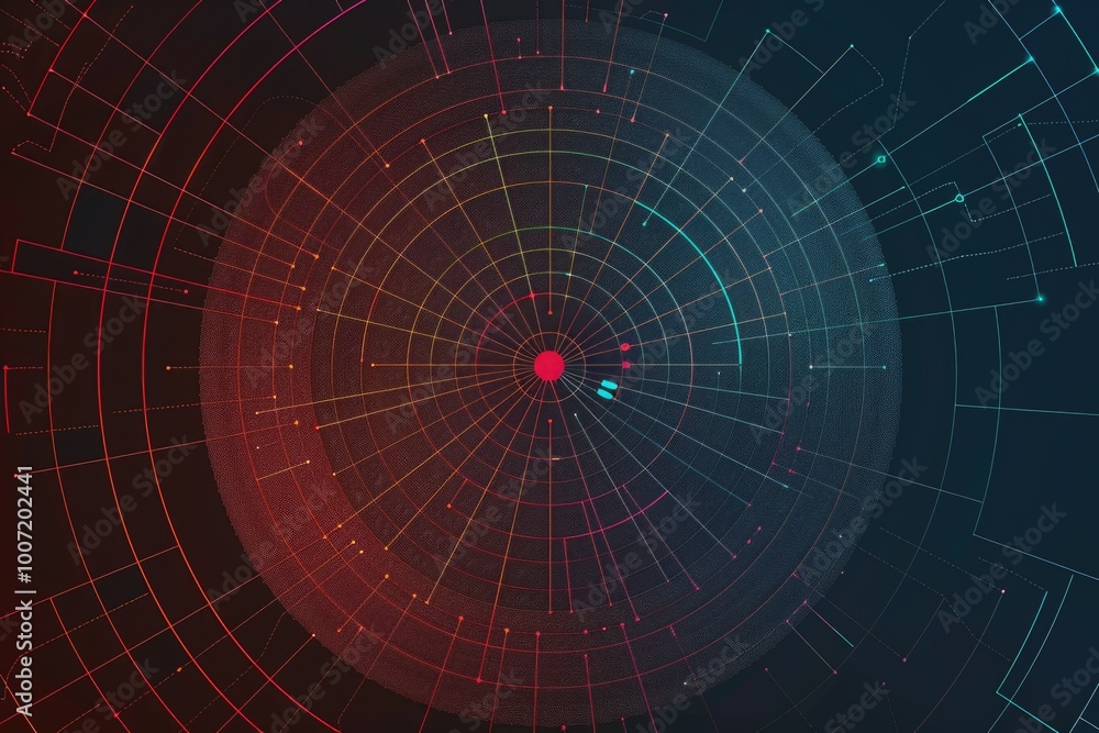 Poster a geometric pattern featuring a central red dot surrounded by shapes and lines