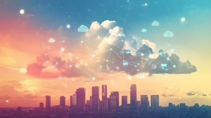 A futuristic city skyline with floating digital clouds, symbolizing modern technology and the growing integration of cloud computing in urban environments