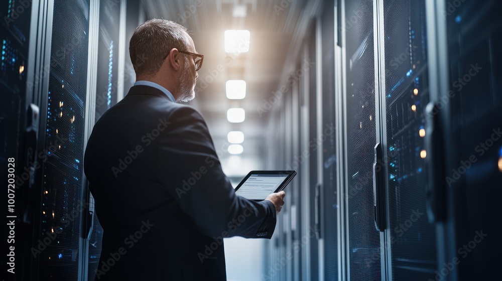 Poster businessman in a server room using a tablet, inspecting data with confidence and focus.