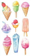 Colorful collection of various ice cream treats and desserts in vibrant hues displayed on a white background