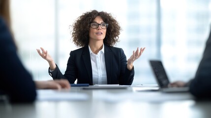 Businesswoman explaining ideas at meeting with colleagues in modern office environment, focus on communication.