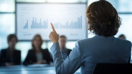 Businesswoman presenting data to a team in a modern office setting.
