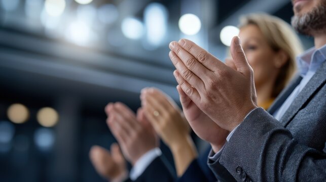Close-up of hands applauding in a corporate setting.