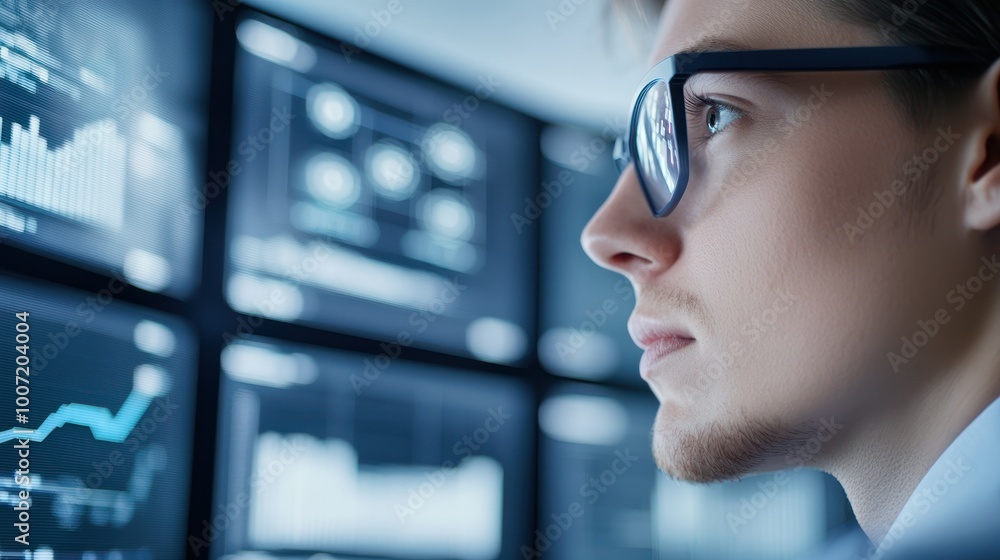 Aufkleber focused young professional analyzing data on multiple screens in a modern workspace.