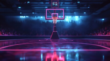 A basketball hoop with a neon pink rim and white net stands in the middle of a basketball court. The court is empty, except for a scoreboard showing a score.  