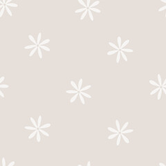 Seamless vector pattern with simple elegant daisy flowers, cream white and boho beige textile