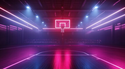 Neon lights illuminate a basketball court with a row of chairs in the background.