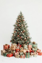 A festive Christmas tree adorned with ornaments stands tall, surrounded by an array of wrapped gifts in a cheerful holiday atmosphere