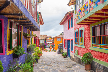 Obraz premium Colorful Little Town Boyacense Street with Colonial Architecture in Duitama, Boyaca, Colombia