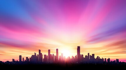 Fototapeta premium Silhouette of a city skyline against a vibrant sunset, with recognizable buildings outlined in the fading light.