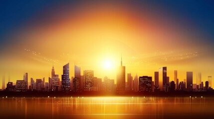 Fototapeta premium Silhouetted skyline of a bustling city with distinct building outlines set against a golden evening sky.