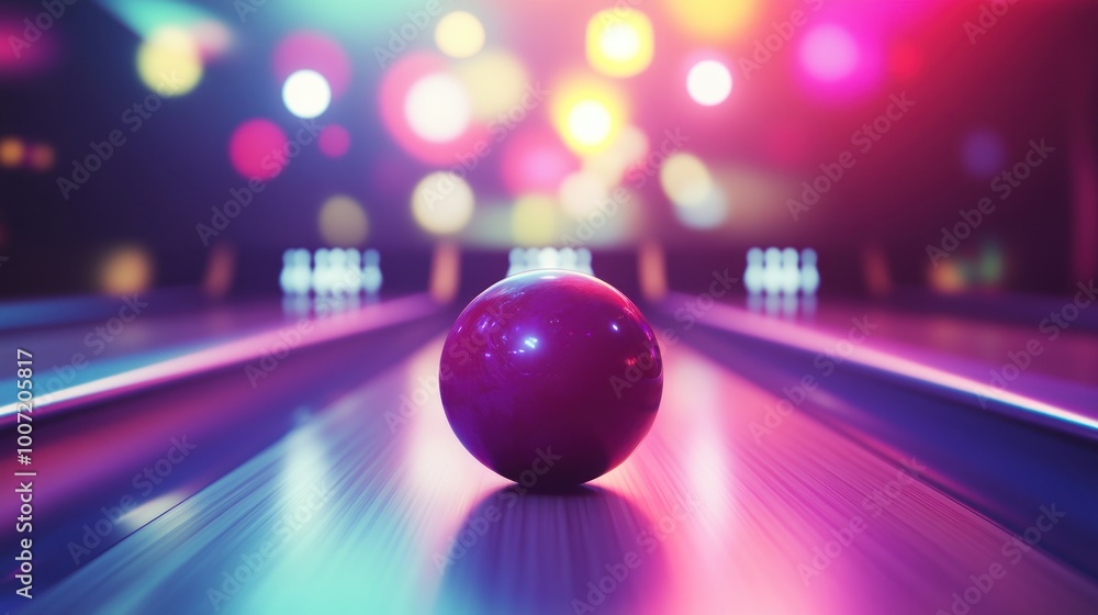 Wall mural a purple bowling ball sits on the lane, ready to be rolled. the background is blurred with colorful 