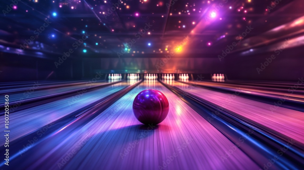 Wall mural purple bowling ball on a lane with colorful lights in the background.
