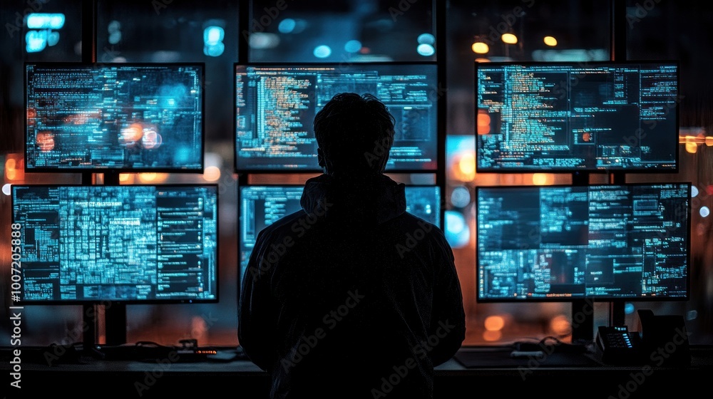Poster a man stands in front of a wall of monitors displaying computer code, in a darkened room, with a cit