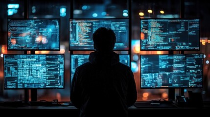 A man stands in front of a wall of monitors displaying computer code, in a darkened room, with a cityscape in the background.